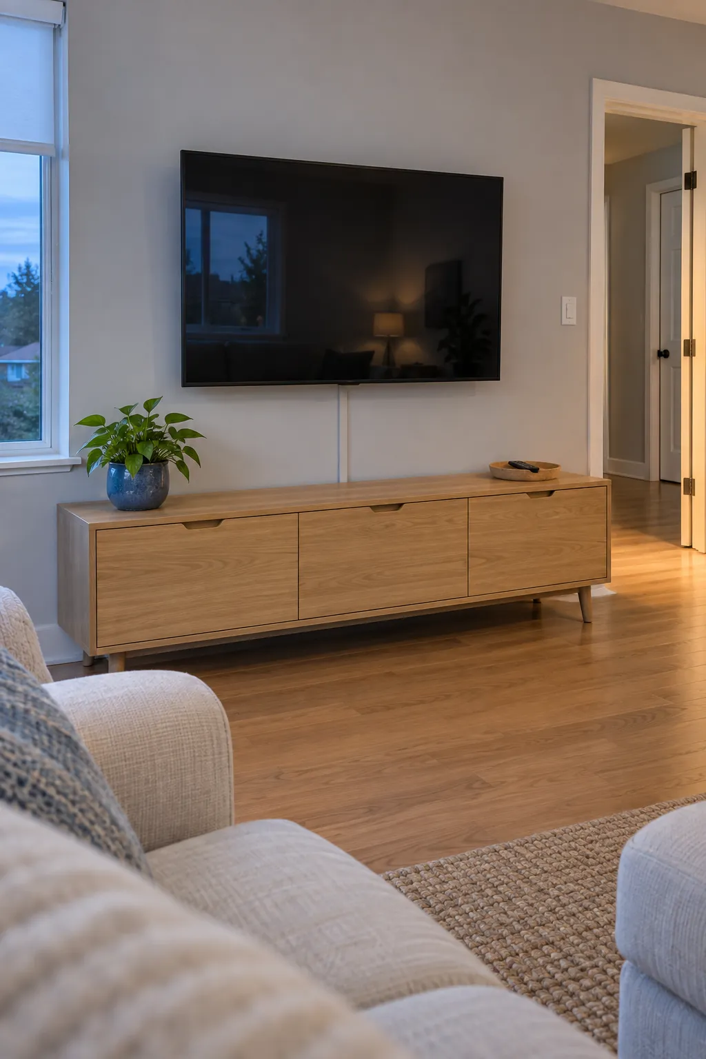 Finished living room TV wall with a discreet cable route and accessible console