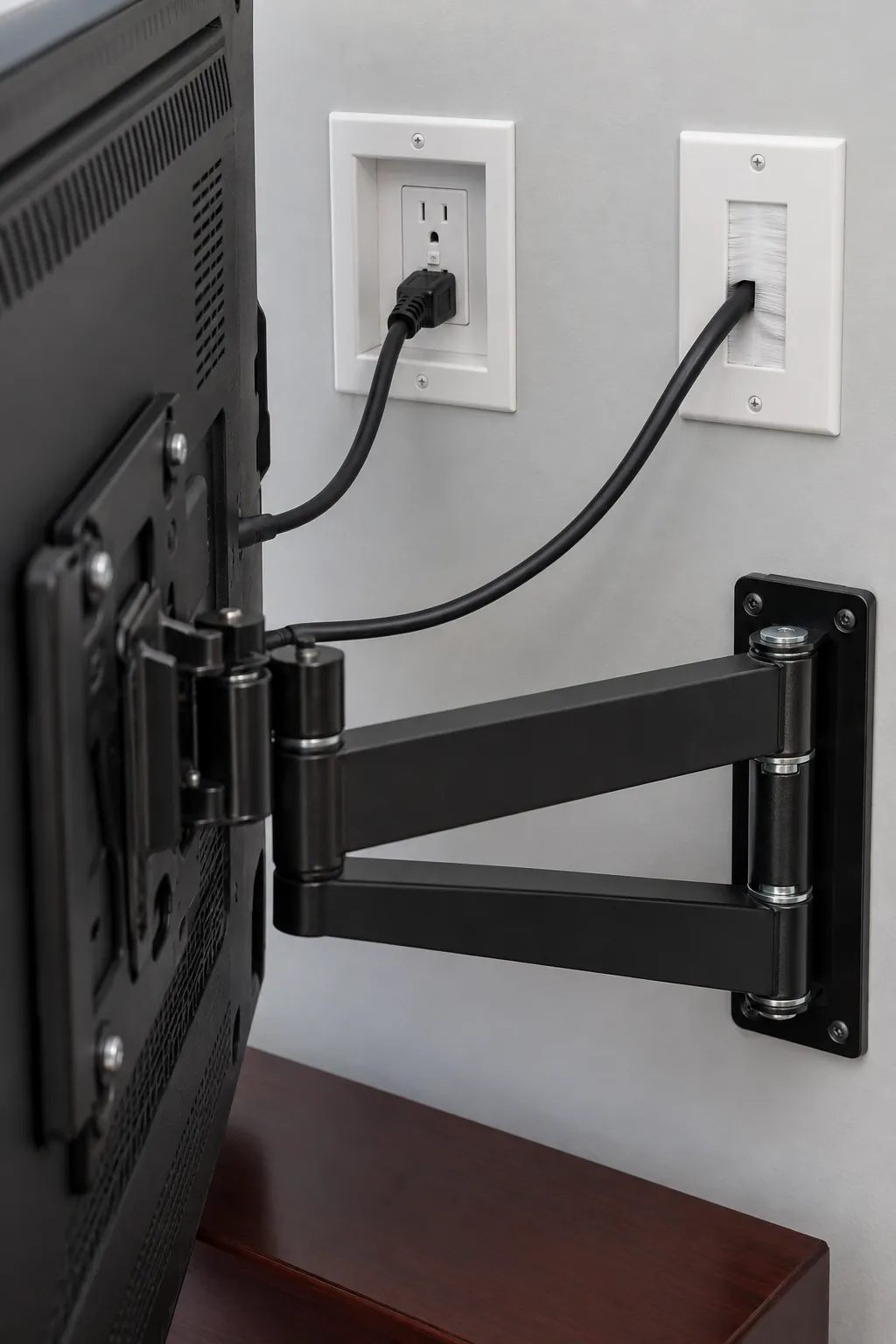 Accessible power outlet and separate signal cable plate behind an extended television