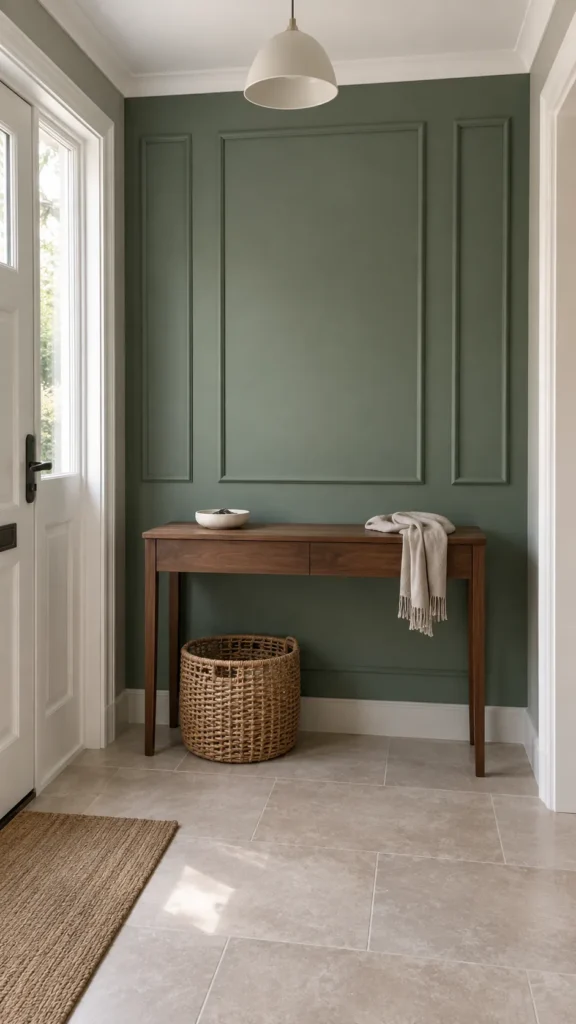Compact green entryway accent wall with shallow molding and a walnut console