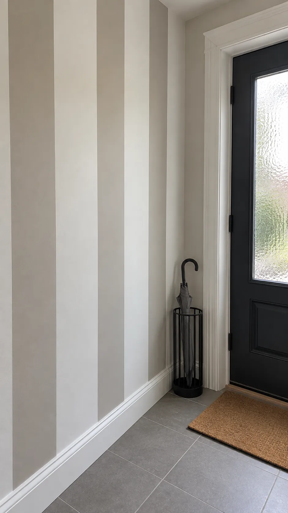 Use broad stripes to organize a narrow wall in a practical home entryway