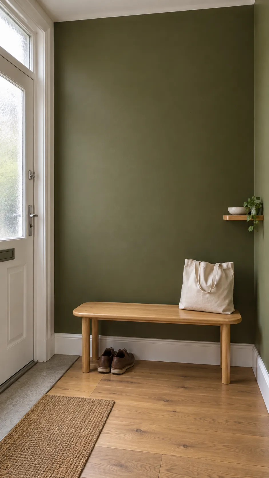 Give a solid wall a deep olive finish in a practical home entryway