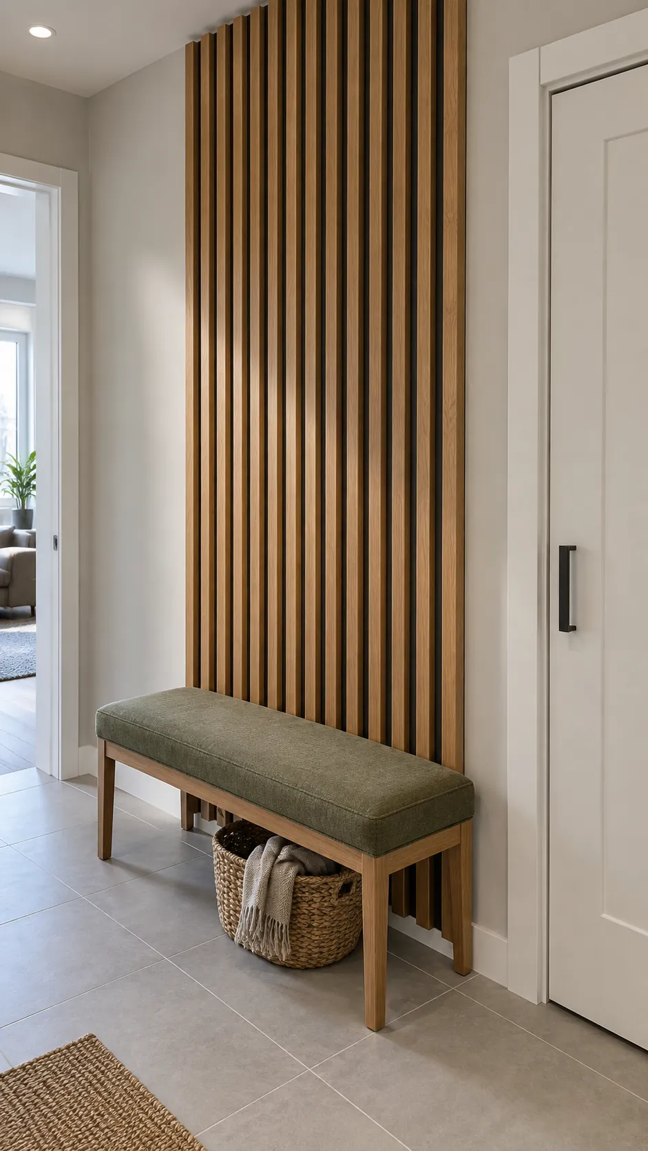Introduce a measured section of oak slats in a practical home entryway