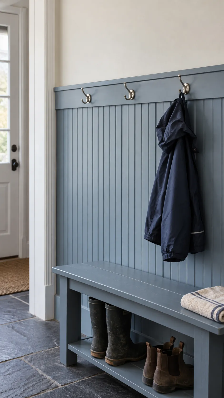 Add practical depth with painted beadboard in a practical home entryway