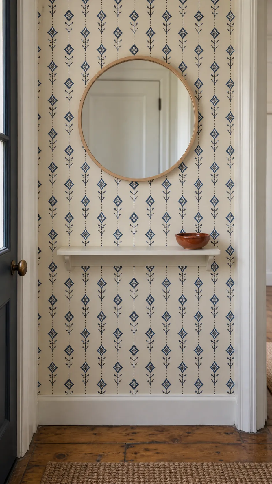 Let a block print pattern carry the room in a practical home entryway