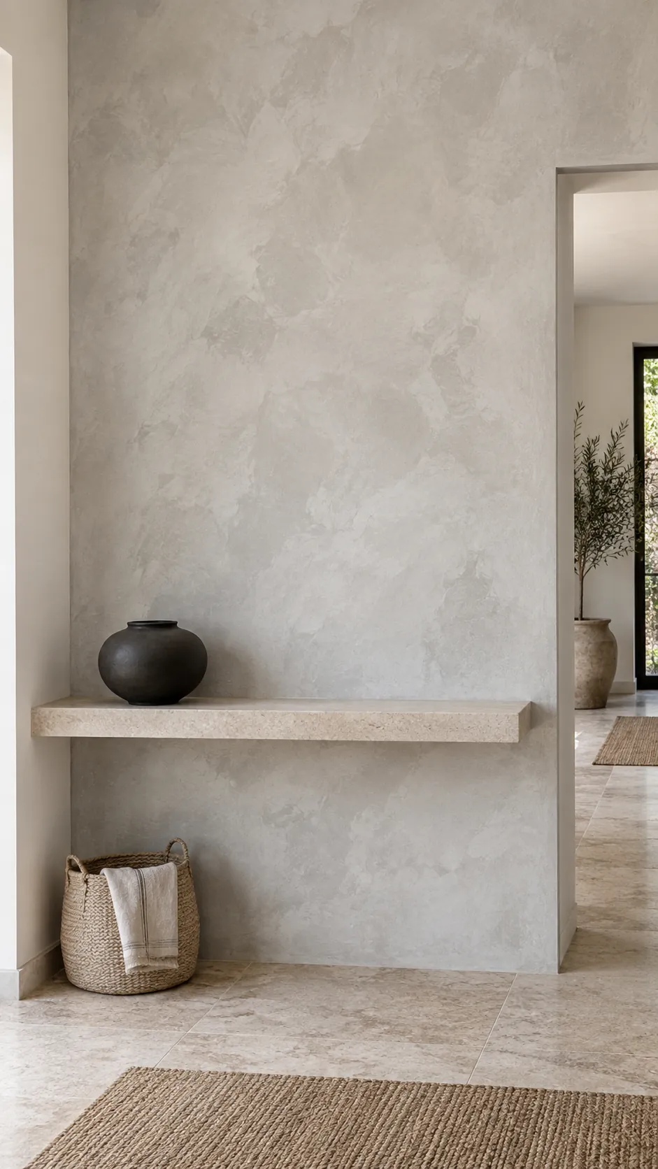 Build subtle movement with a mineral finish in a practical home entryway