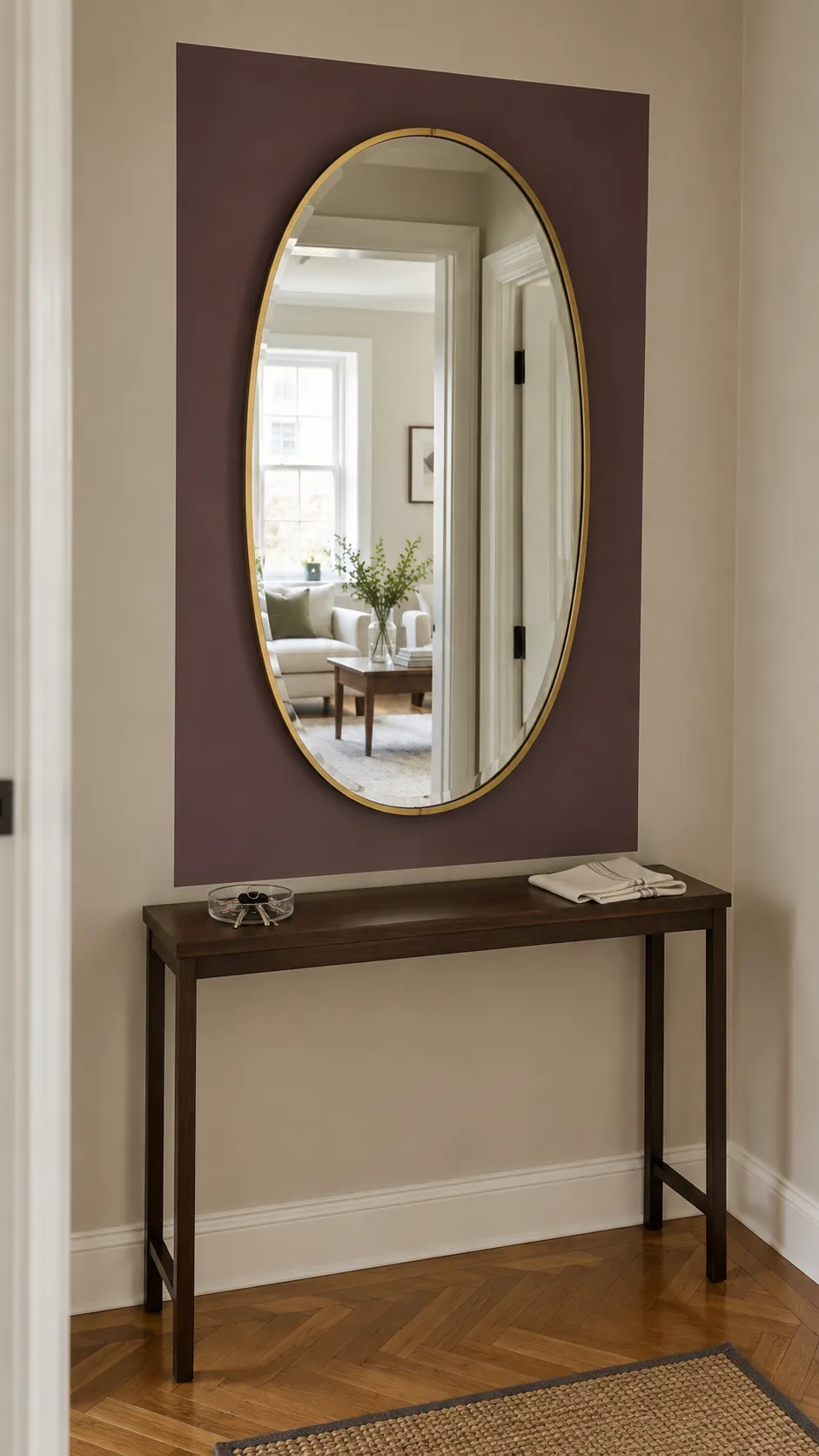 Make a mirror the center of a color panel in a practical home entryway