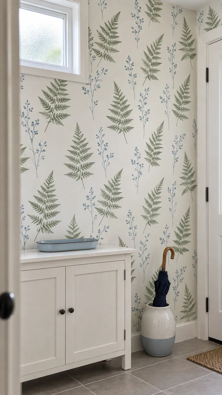 Choose a botanical paper with breathing room in a practical home entryway