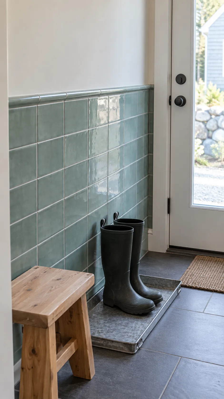 Use a tiled lower wall at a hardworking entrance in a practical home entryway