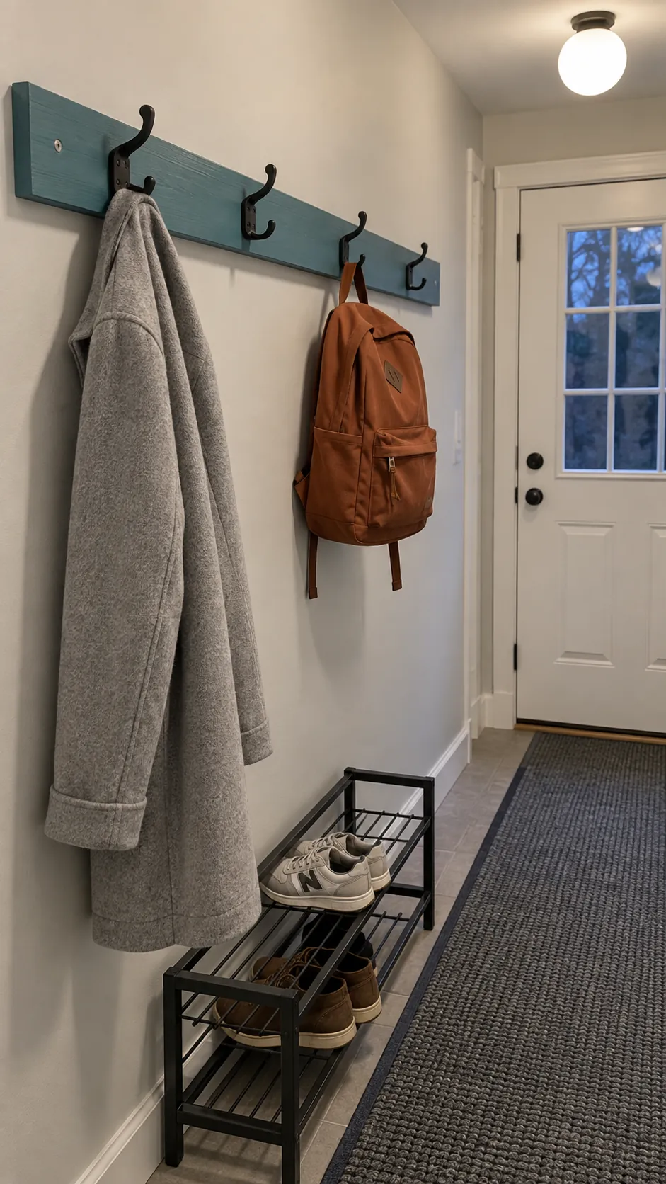 Turn hooks into part of a graphic rail in a practical home entryway