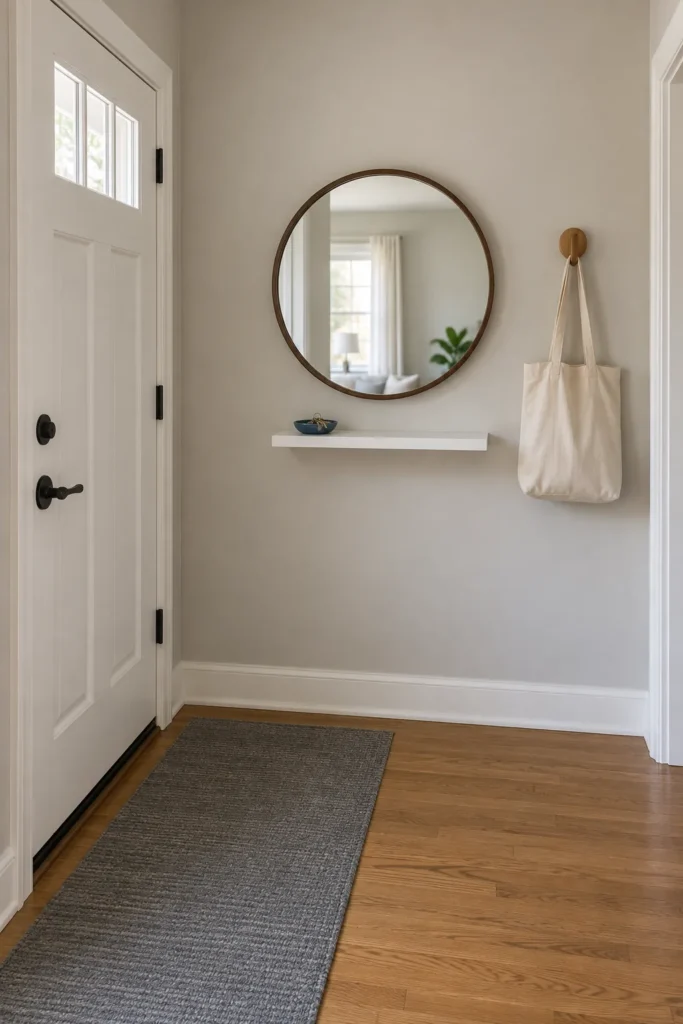 Small apartment entrance with a round mirror, shallow key ledge and clear walking space