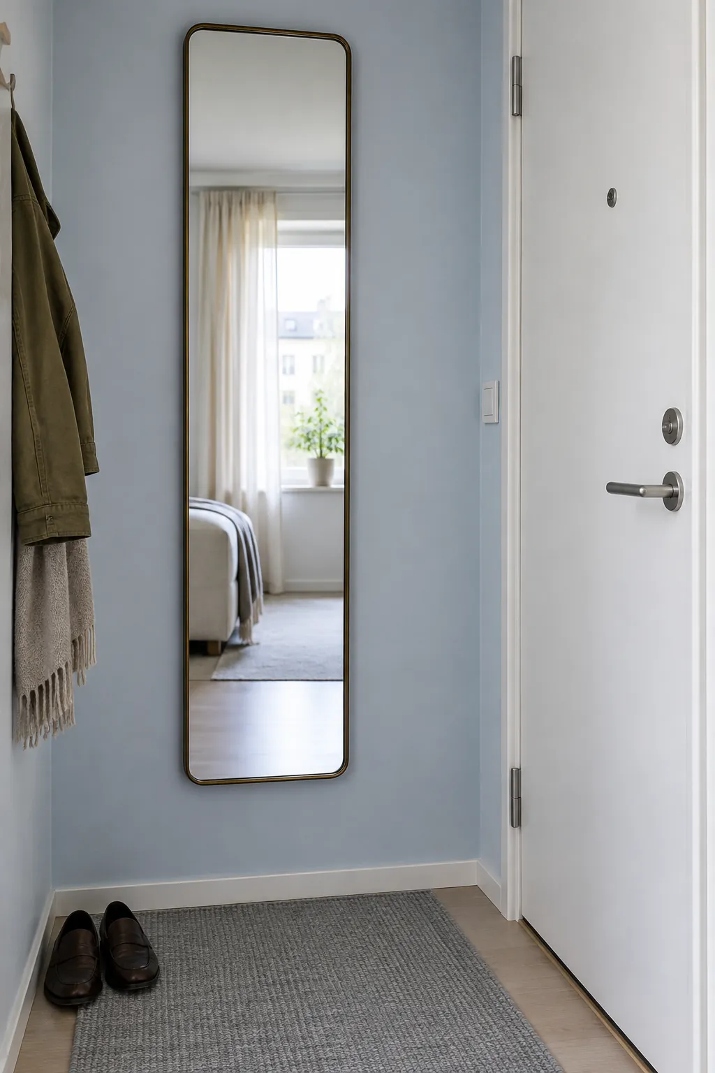 Give a slim mirror a useful sightline in a small home entrance