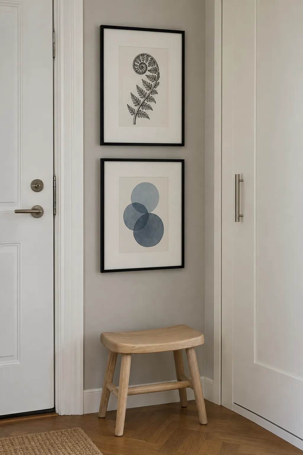 Stack a small pair of prints vertically in a small home entrance