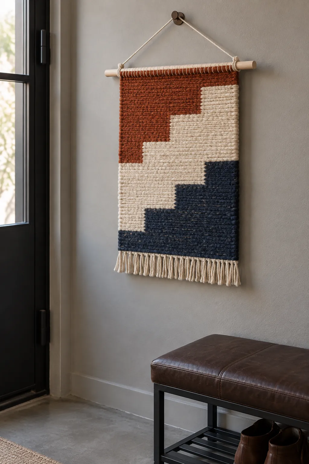 Use one textile panel for soft texture in a small home entrance