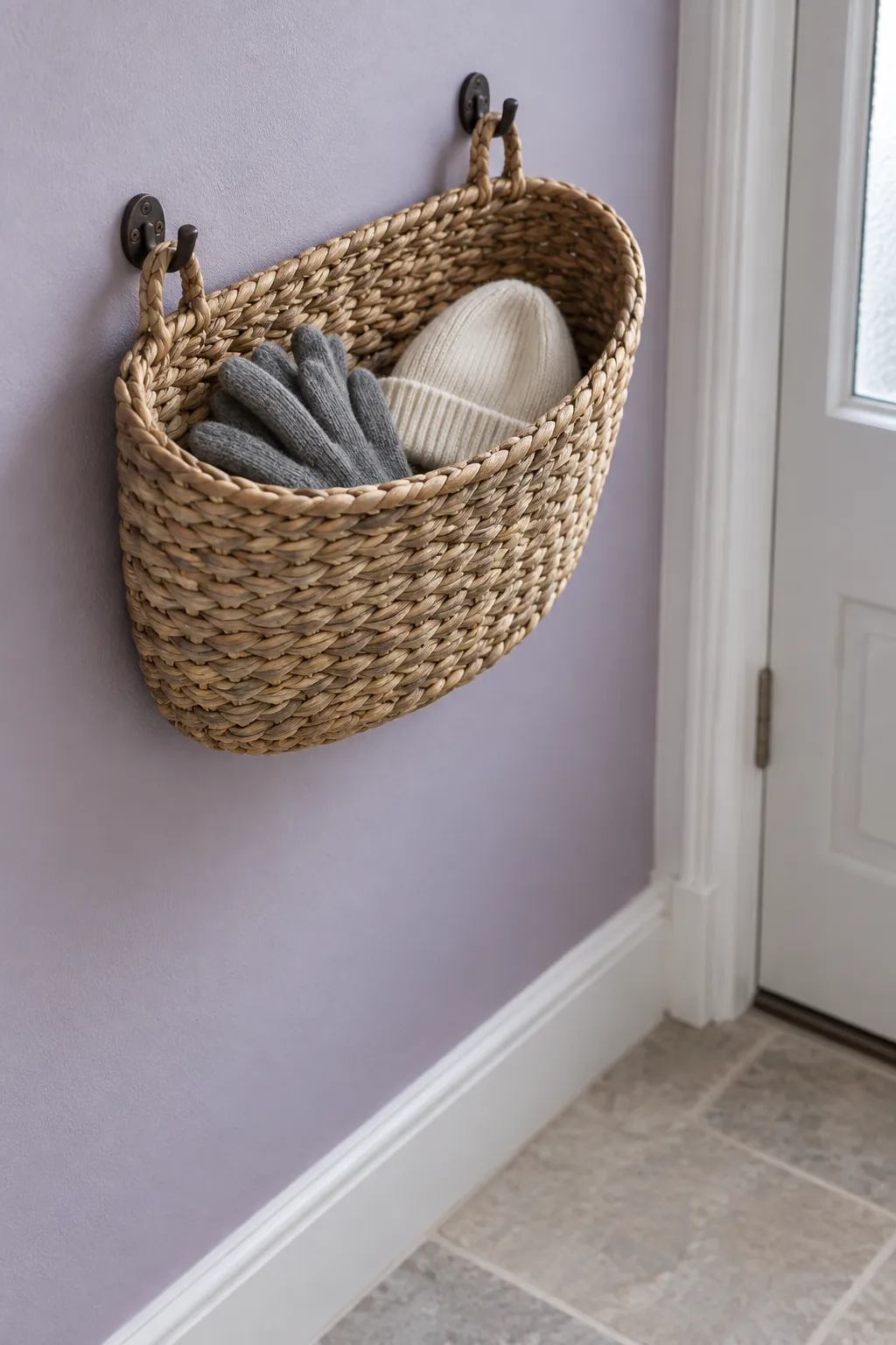 Let a decorative wall basket hold the light items in a small home entrance