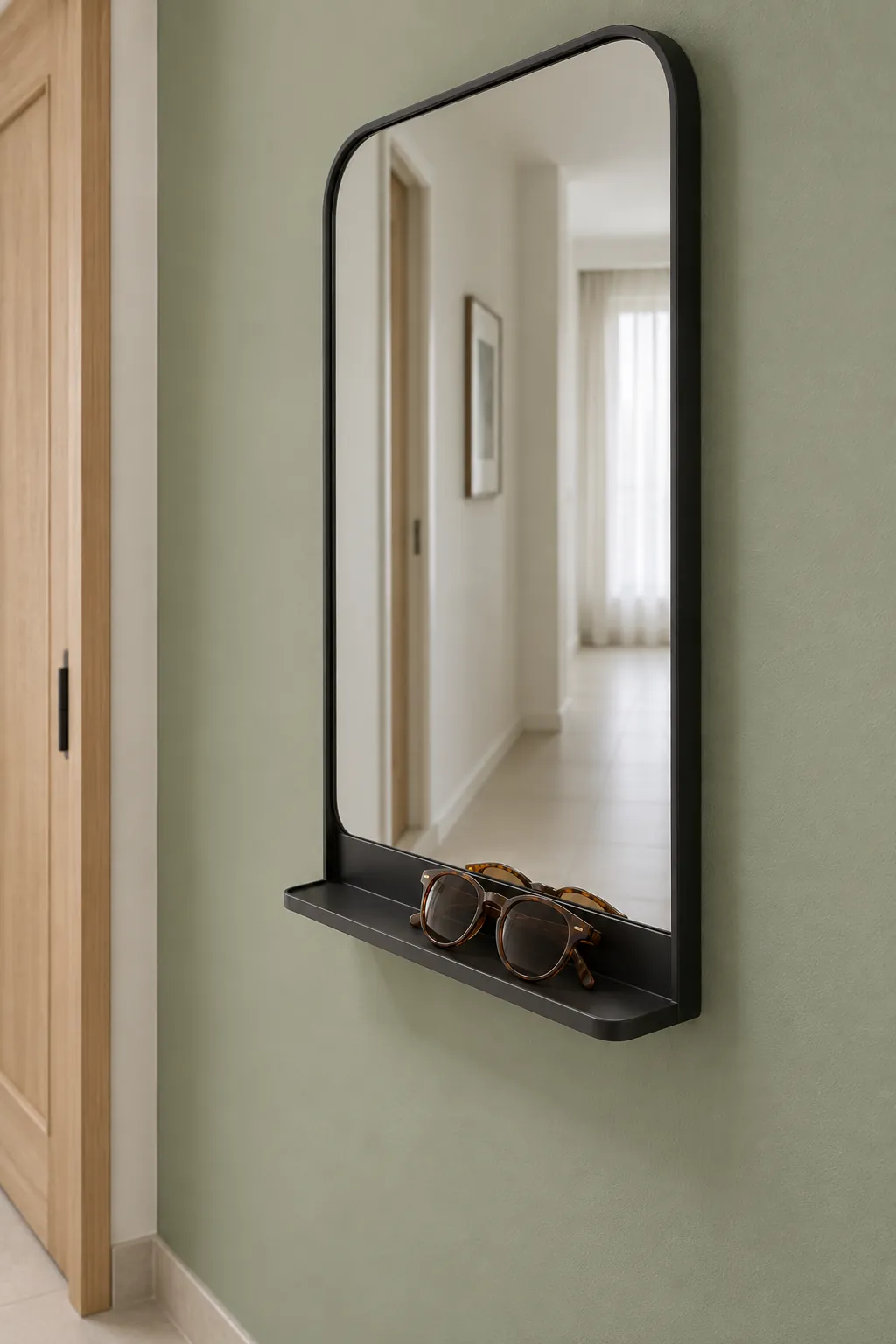 Combine a mirror with a tiny shelf in a small home entrance