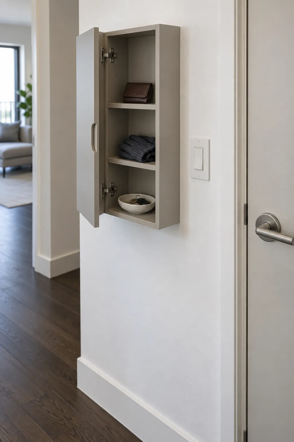 Use a narrow wall cabinet for visual calm in a small home entrance