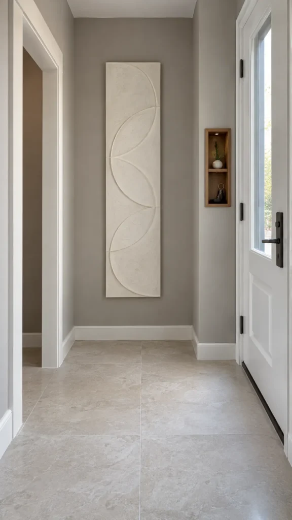 Narrow entryway with a slim plaster circle relief and clear walking space