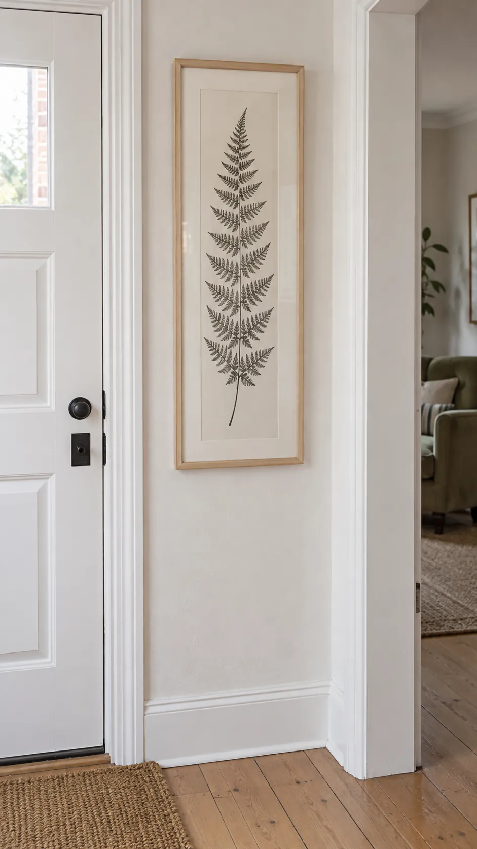Make a single tall botanical print feel proportionate to a genuinely skinny entrance wall