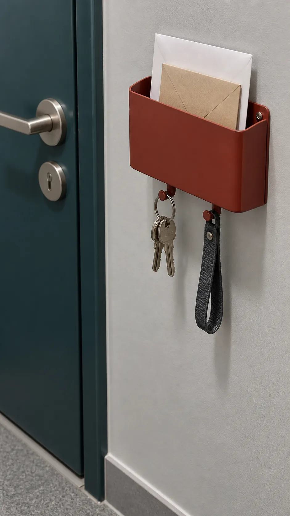 Photograph a very compact key and mail station as an alternative to a console in a narrow entrance