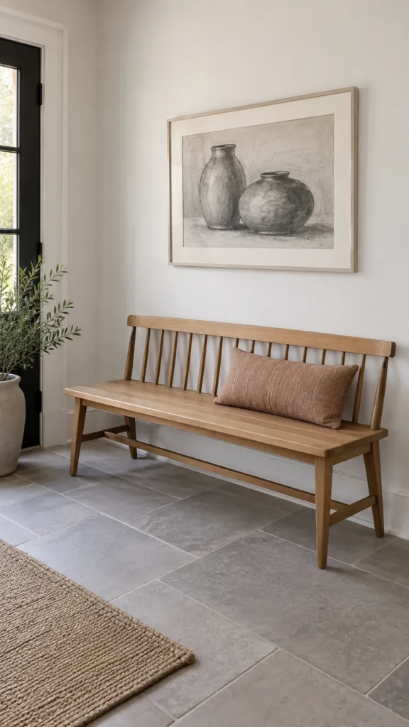 Oak entryway bench with a framed charcoal vessel drawing above
