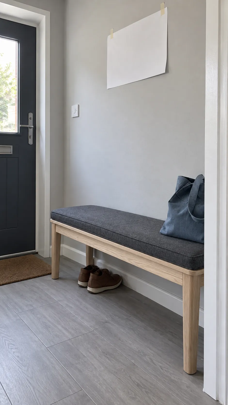 An honest residential photograph showing generous usable wall space above a shoe changing bench before a decoration is installed