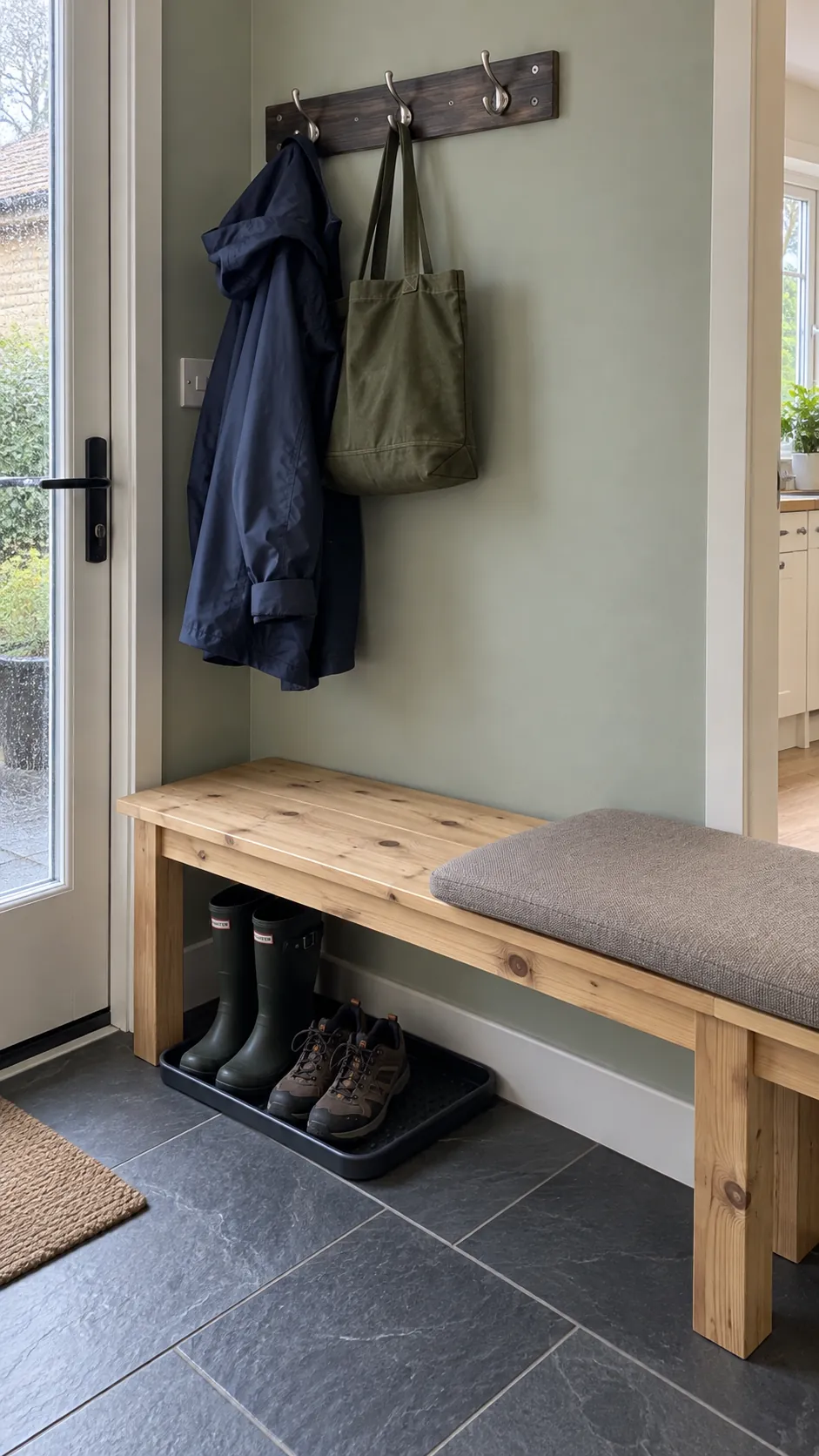 Make a useful photograph of a loaded coat hook rail above one end of an entrance bench, showing that actual hanging garments occupy space