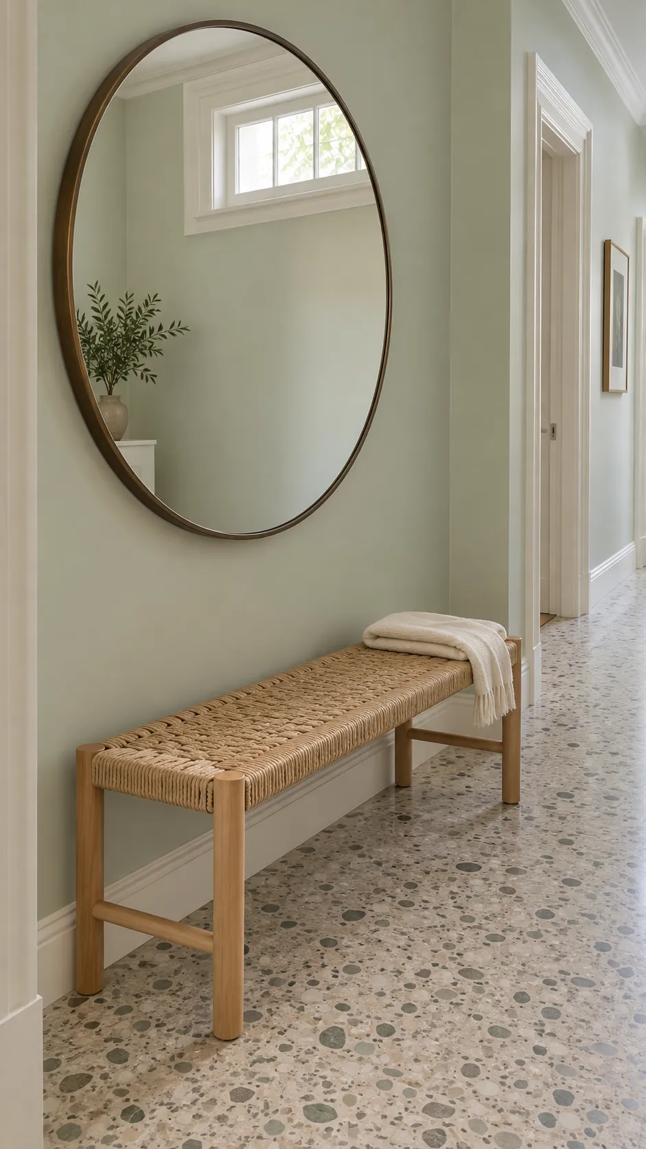 Produce a thoughtful photograph of a circular mirror above a compact bench that makes sense from a standing position