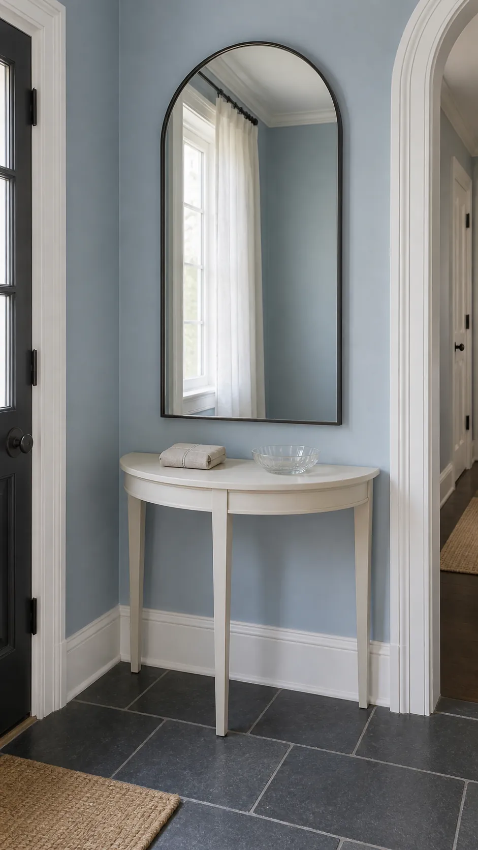 Photograph a useful arched mirror above a slender foyer table, making its reflection and everyday viewing purpose visible