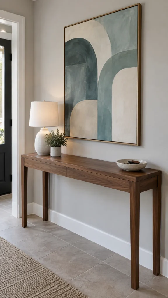 Walnut entryway table beneath a teal and cream abstract painting