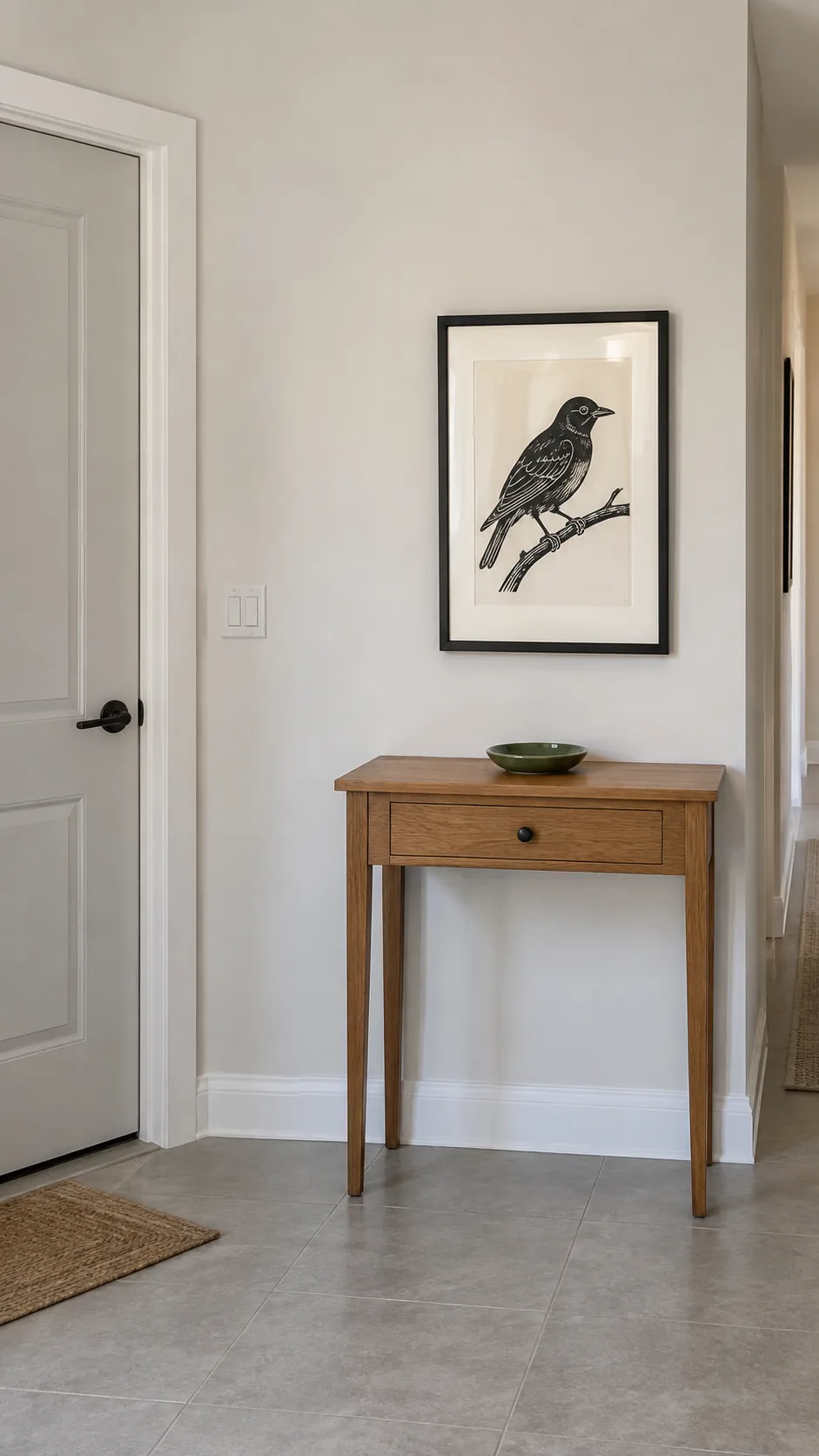 Create a clear real home photograph of a framed picture centered over a console that is deliberately not centered on the entire wall