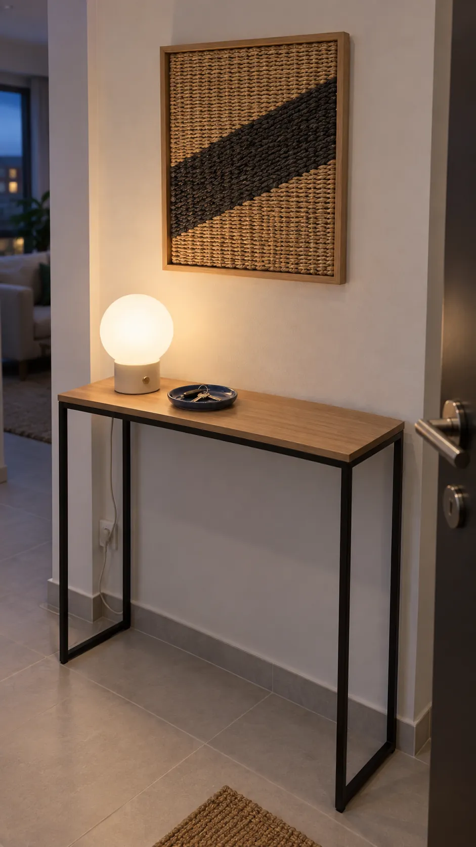 Capture a practical evening entryway where a modest table lamp illuminates a key tray while the wall decoration remains visible
