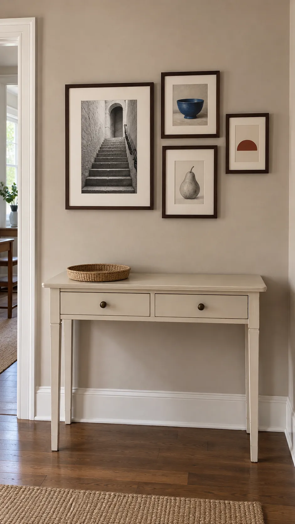 Photograph a compact gallery above an entry table as one deliberate group, with meaningful variation inside a clear boundary