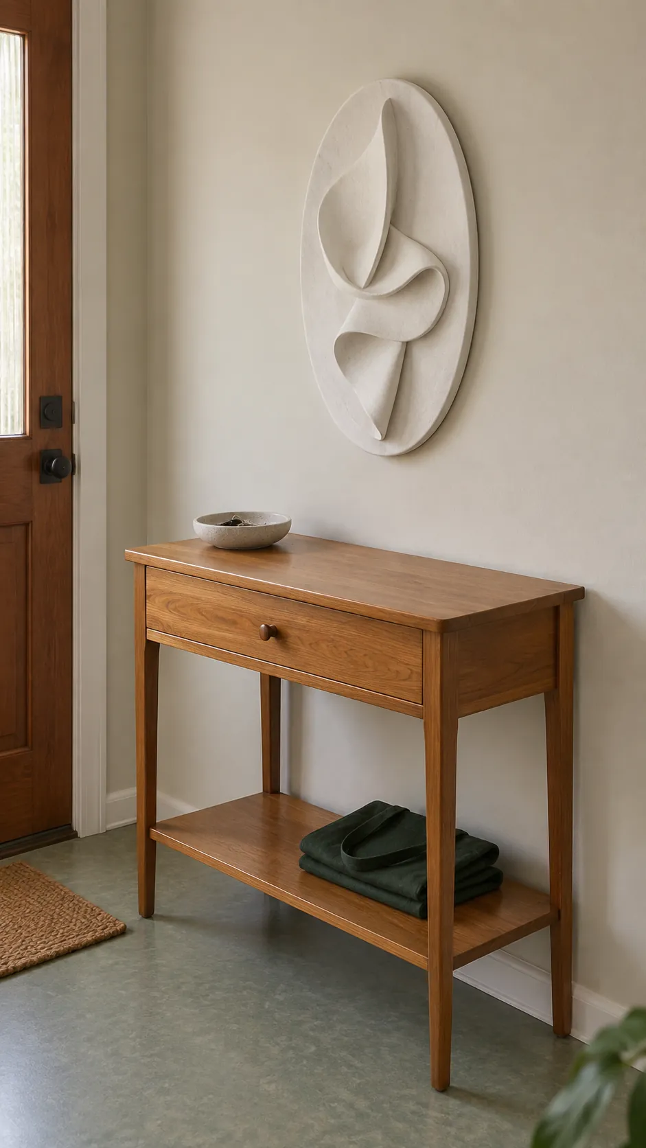 Create a restrained final entry arrangement with one wall focal piece and a mostly clear table surface, photographed as a real inhabited home