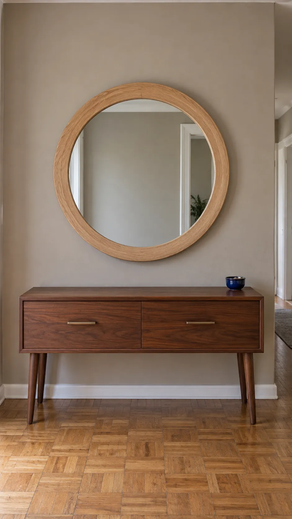 Round oak framed mirror narrower than a walnut foyer console