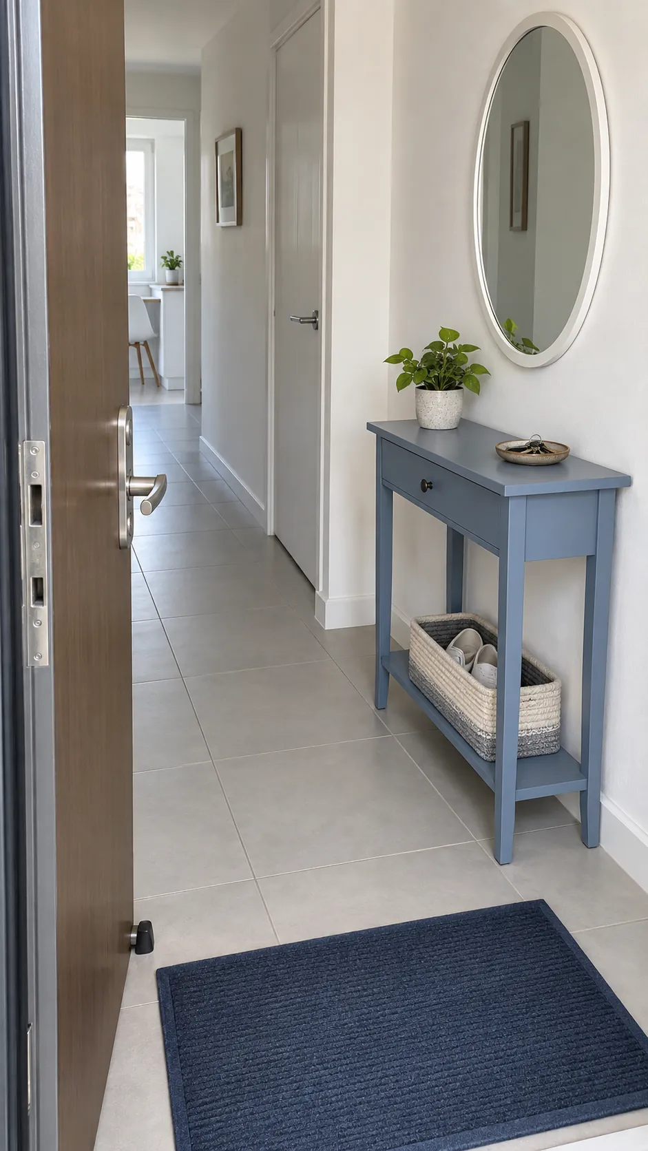 Shallow blue entryway console and oval mirror beside a clear doorway
