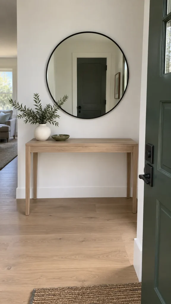 Round entryway mirror above a light ash console with a clear walkway