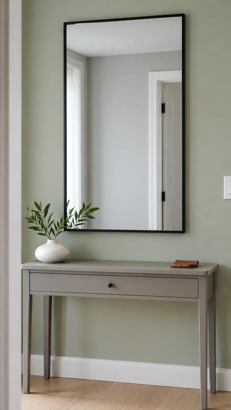 Rectangular entry mirror mounted above a console with a low side vase