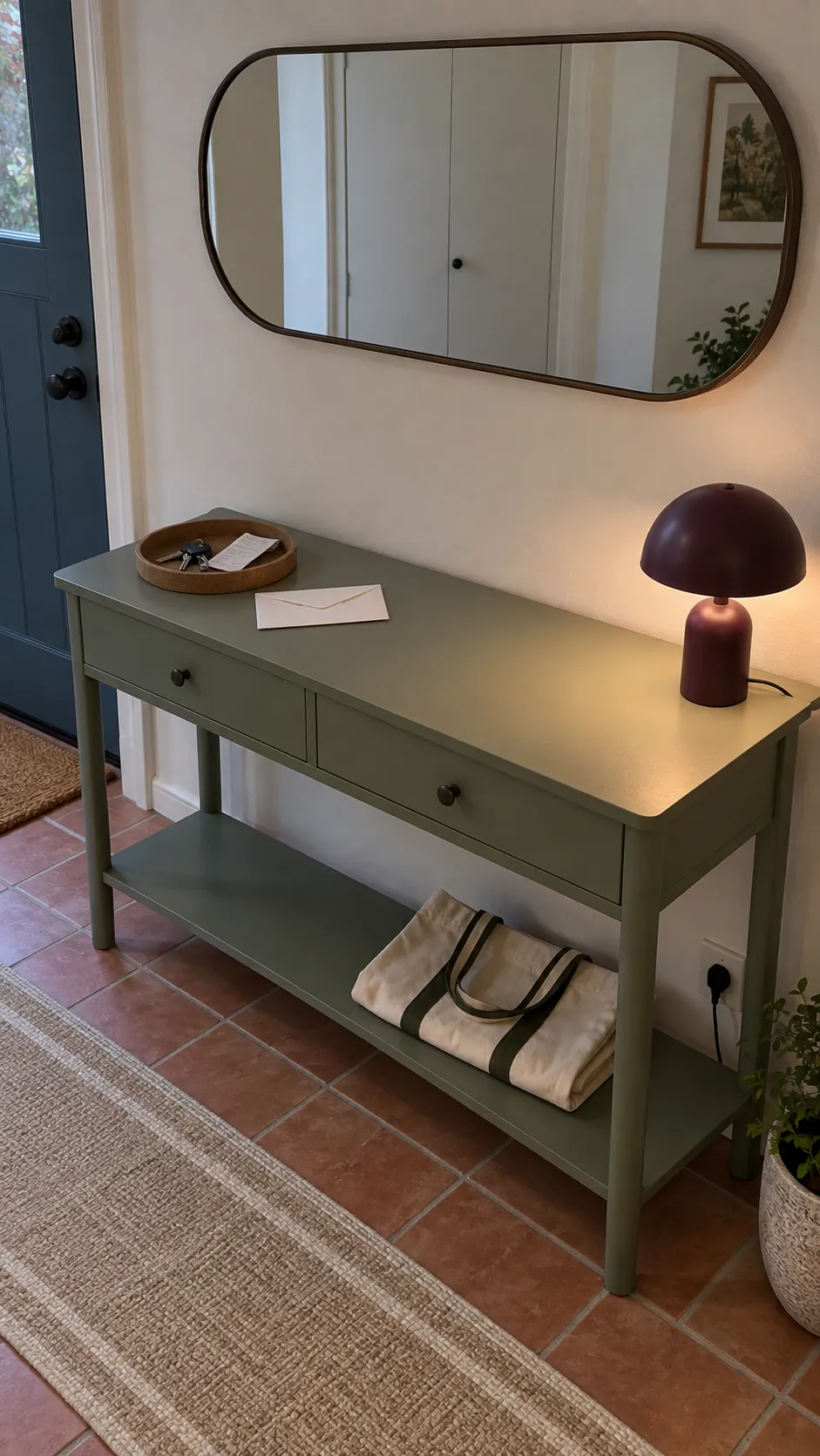 Practical green console with a key tray and clear tabletop below a mirror