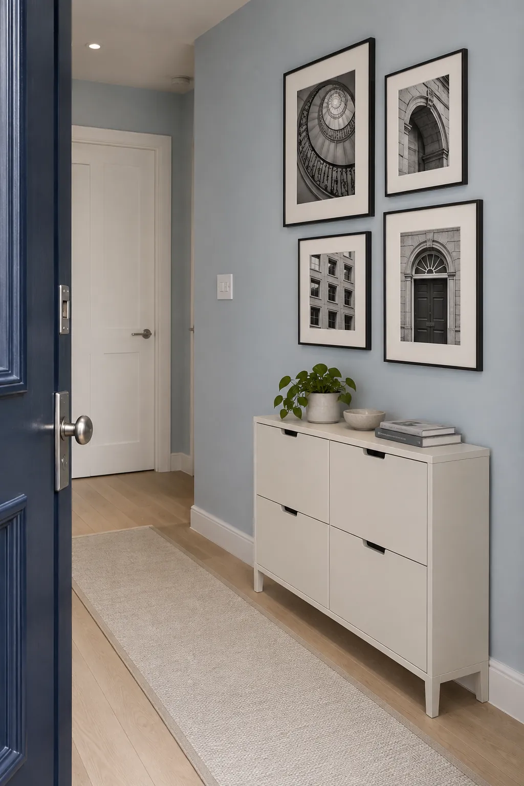 Compact architectural photo gallery beside an unobstructed entry door