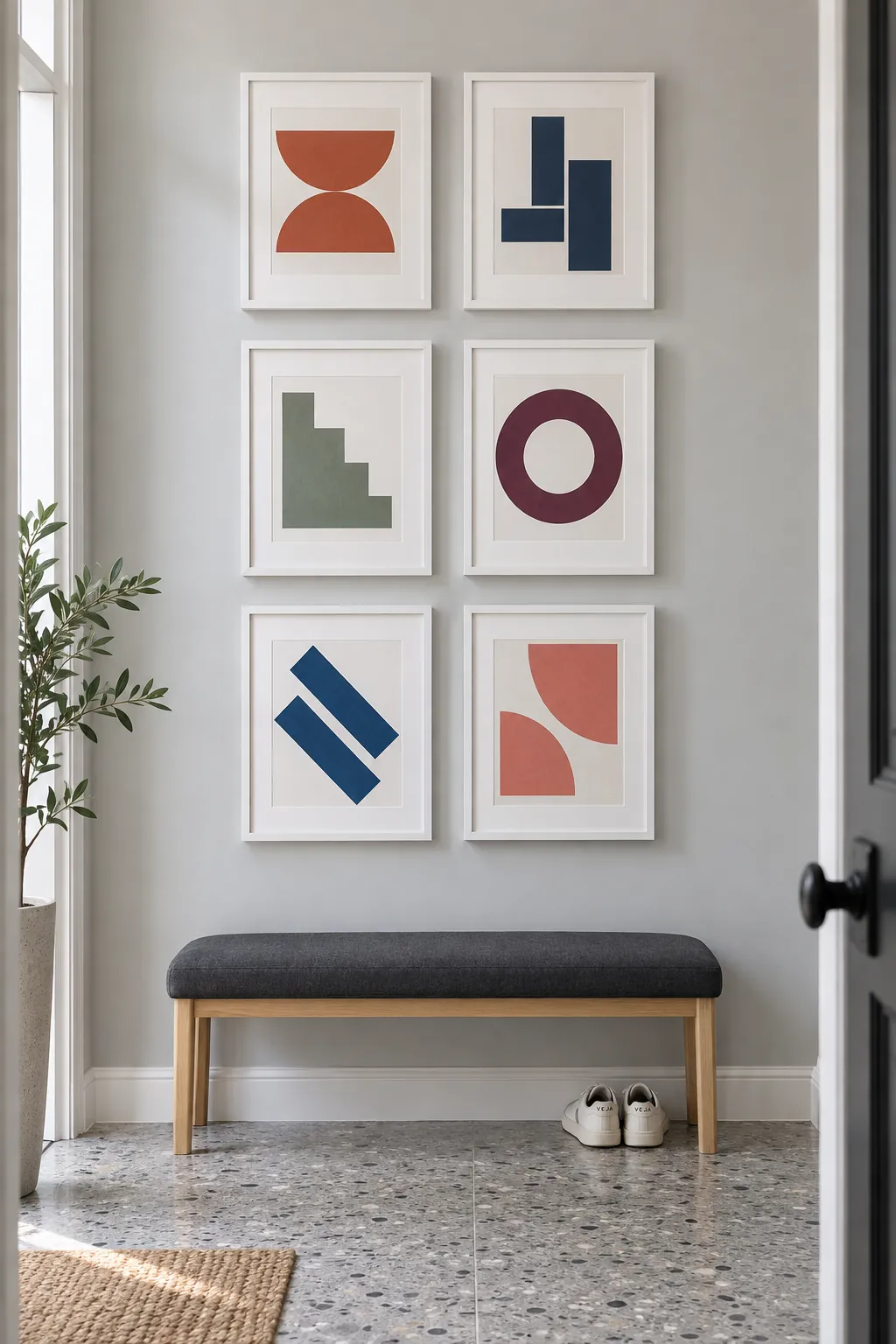 Six geometric prints arranged in a precise gallery grid above a bench