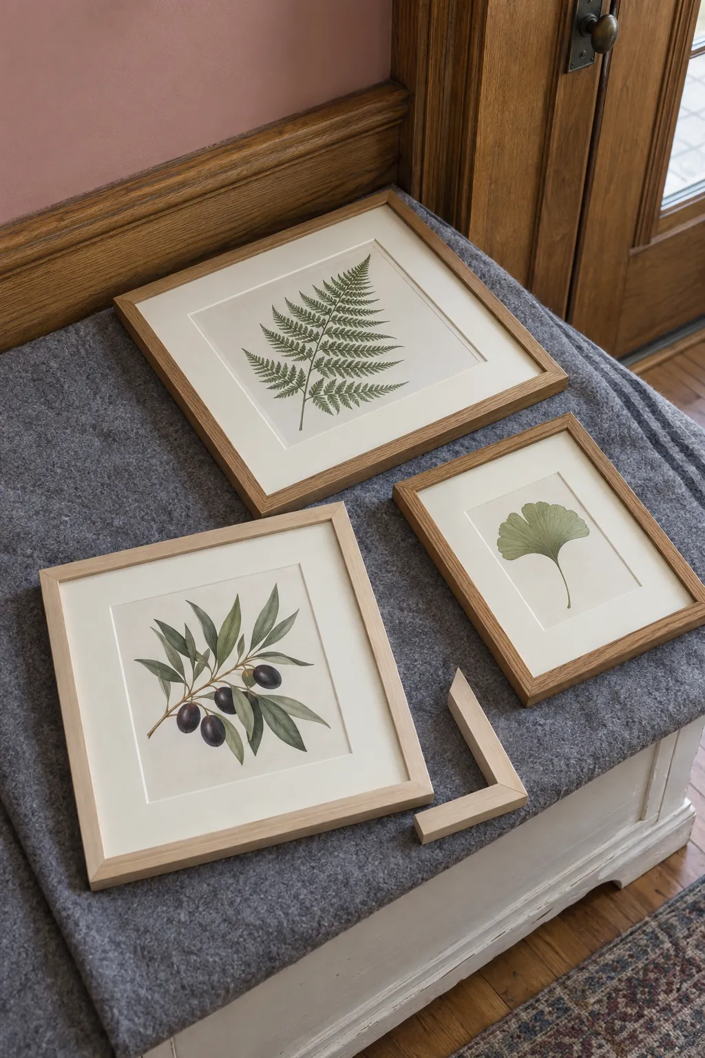 Botanical prints in coordinated wood frames laid out for an entryway gallery