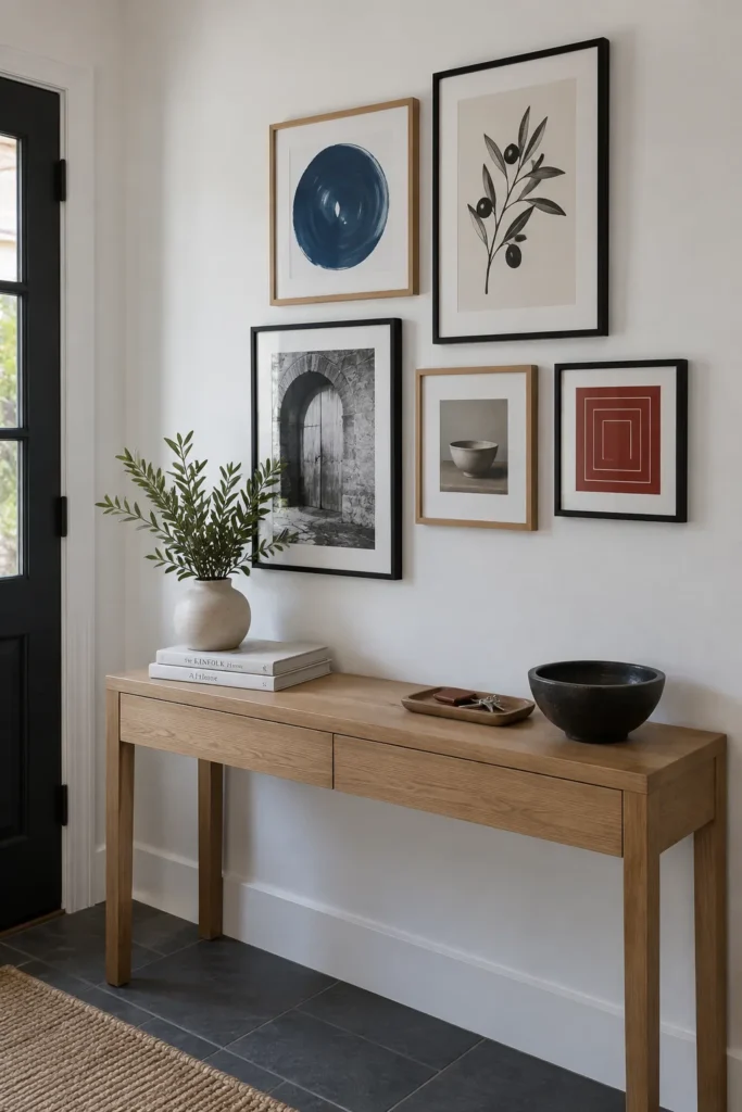 Balanced entryway gallery wall above a pale wood console