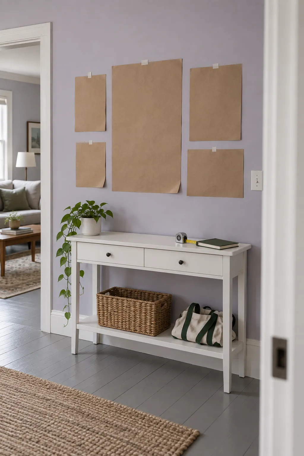 Paper frame templates testing a gallery layout above a small entry console