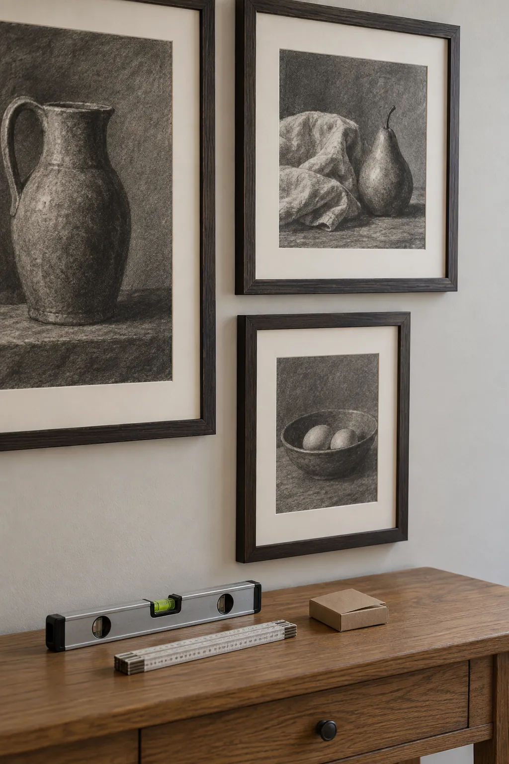 Close view of evenly spaced charcoal drawings with hanging tools on a console