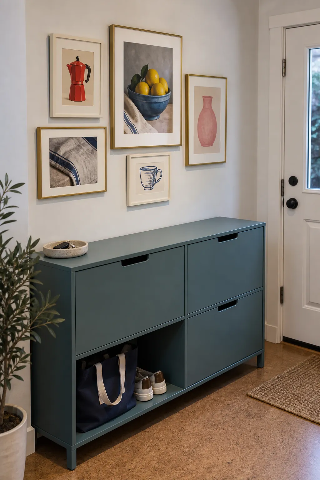 Small still life print gallery above a practical shoe cabinet with open landing space