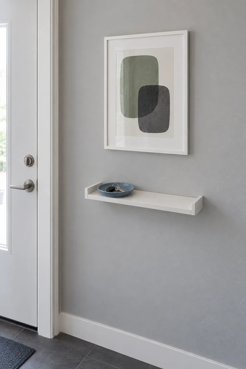 Small abstract print in a lightweight frame above an apartment key shelf