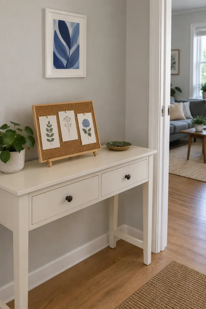 Personal rental entry decor with a lightweight print and tabletop display