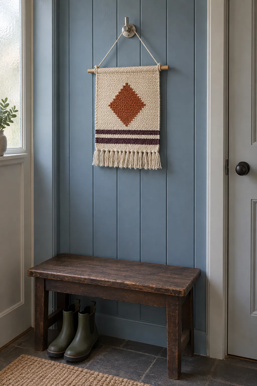 Small woven diamond textile suspended from an existing entry hook