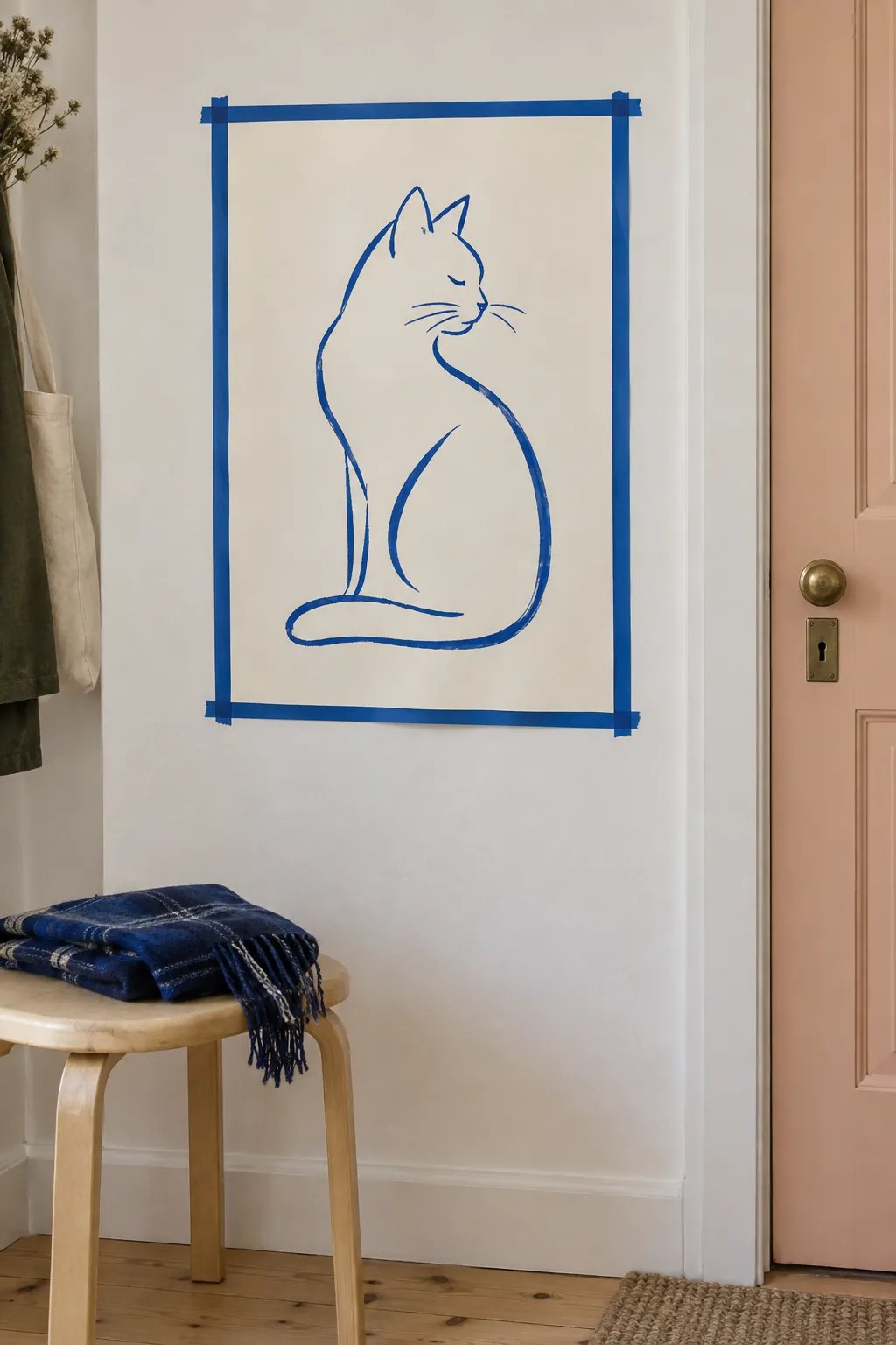 Blue line drawing poster attached with a simple washi tape border