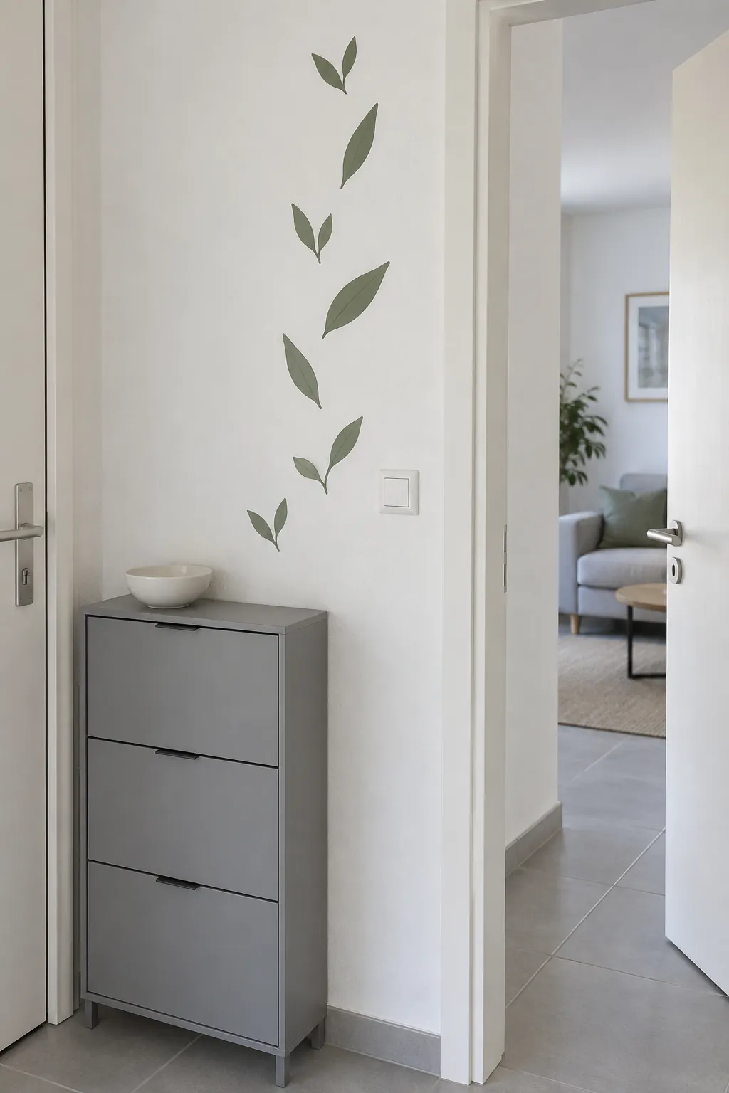 Sparse sage leaf decals on a small apartment entry wall